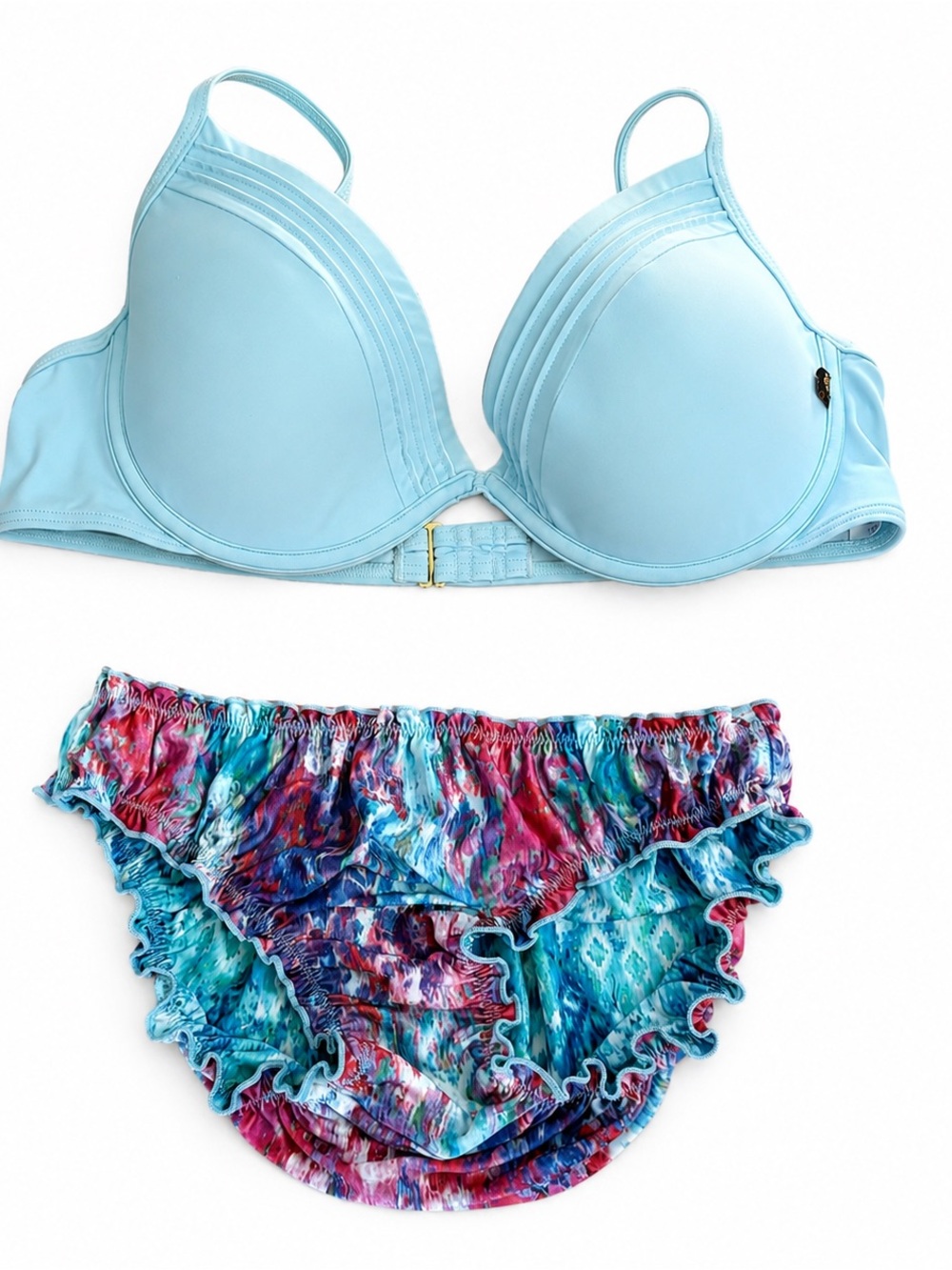 👙 La Vie En Rose Light Blue Padded Bikini Top with Multicolor Ruffle Bottom